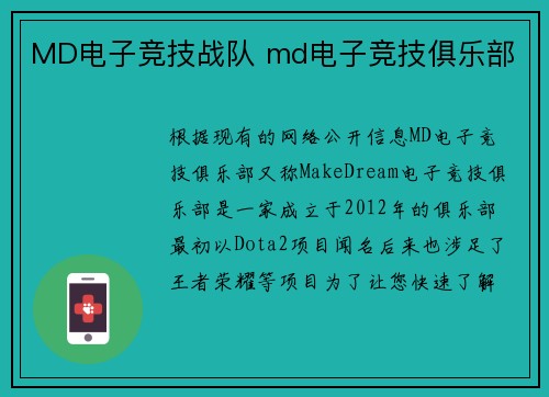 MD电子竞技战队 md电子竞技俱乐部